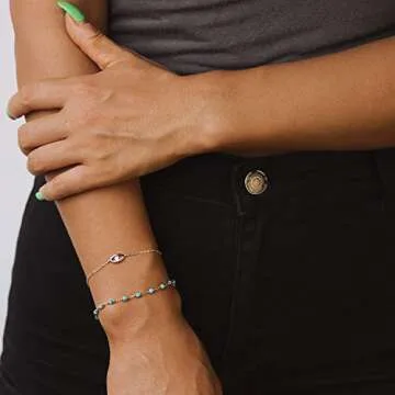 MEVECCO Gold Round Turquoise Beaded Bracelets,14K Gold Plated Handmade Cute Dainty Bracelet for Women