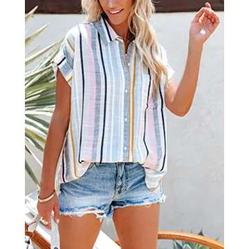 SySea Womens Short Sleeve Striped Shirts Casual Button Down V Neck Work Blouses Tops