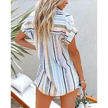 SySea Womens Short Sleeve Striped Shirts Casual Button Down V Neck Work Blouses Tops