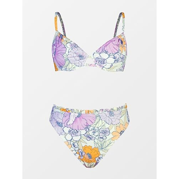 CUPSHE Women Swimsuit Bikini Set Two Piece High Waisted Drawstring Floral Bathing Suit with Underwire, M Lavender