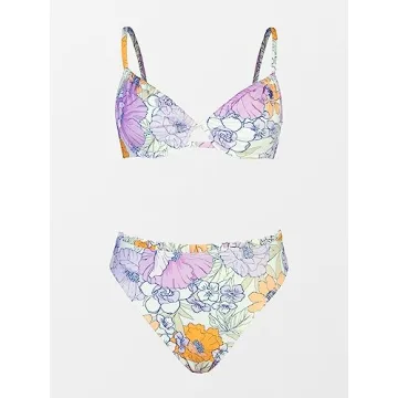 CUPSHE Women Swimsuit Bikini Set Two Piece High Waisted Drawstring Floral Bathing Suit with Underwire, M Lavender