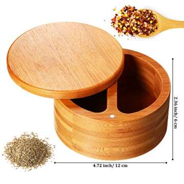 Salt Box Salt Keeper Bamboo Salt and Pepper Box Container, Salt Cellar with Swivel Lid and Magnet for Kitchen to Keep Food Dry (2 Storage Compartments,4.72 x 2.36 Inch)