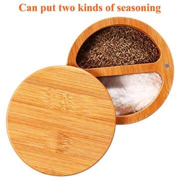 Salt Box Salt Keeper Bamboo Salt and Pepper Box Container, Salt Cellar with Swivel Lid and Magnet for Kitchen to Keep Food Dry (2 Storage Compartments,4.72 x 2.36 Inch)