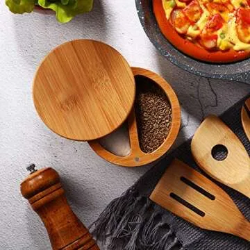 Salt Box Salt Keeper Bamboo Salt and Pepper Box Container, Salt Cellar with Swivel Lid and Magnet for Kitchen to Keep Food Dry (2 Storage Compartments,4.72 x 2.36 Inch)