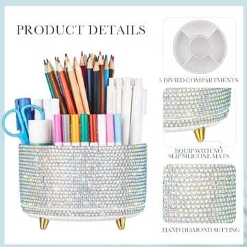 Silver Bling Desk Accessories Organizer for Women Teen Girls Christmas Birthday Gift Bling Pen Holder Rhinestone Makeup Brush Holder with 5 Slots Rotating Diamond Skincare Organizer Countertop
