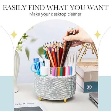 Silver Bling Desk Accessories Organizer for Women Teen Girls Christmas Birthday Gift Bling Pen Holder Rhinestone Makeup Brush Holder with 5 Slots Rotating Diamond Skincare Organizer Countertop
