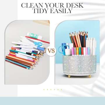 Silver Bling Desk Accessories Organizer for Women Teen Girls Christmas Birthday Gift Bling Pen Holder Rhinestone Makeup Brush Holder with 5 Slots Rotating Diamond Skincare Organizer Countertop