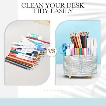 Silver Bling Desk Accessories Organizer for Women Teen Girls Christmas Birthday Gift Bling Pen Holder Rhinestone Makeup Brush Holder with 5 Slots Rotating Diamond Skincare Organizer Countertop