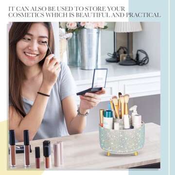 Silver Bling Desk Accessories Organizer for Women Teen Girls Christmas Birthday Gift Bling Pen Holder Rhinestone Makeup Brush Holder with 5 Slots Rotating Diamond Skincare Organizer Countertop