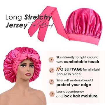 YANIBEST Silk Bonnet for Sleeping Women Satin Bonnet Double Layer Satin Lined Hair Bonnet with Tie Band Curly Hair Hot Pink
