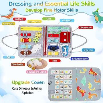 Esjay Toddler Busy Board Montessori Toys, Sensory Board Educational Activities for Learning Fine Motor Skills, Gifts for Girls Boys Toddlers, Travel Toys for Airplane Car,Grey Dinosaur