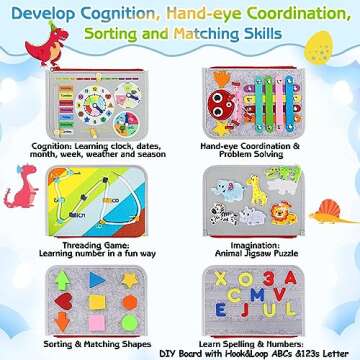 Esjay Toddler Busy Board Montessori Toys, Sensory Board Educational Activities for Learning Fine Motor Skills, Gifts for Girls Boys Toddlers, Travel Toys for Airplane Car,Grey Dinosaur