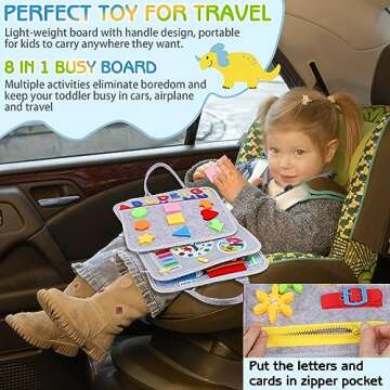 Esjay Toddler Busy Board Montessori Toys, Sensory Board Educational Activities for Learning Fine Motor Skills, Gifts for Girls Boys Toddlers, Travel Toys for Airplane Car,Grey Dinosaur