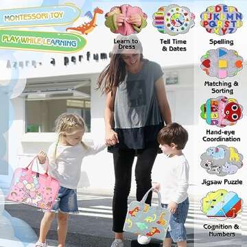 Esjay Toddler Busy Board Montessori Toys, Sensory Board Educational Activities for Learning Fine Motor Skills, Gifts for Girls Boys Toddlers, Travel Toys for Airplane Car,Grey Dinosaur