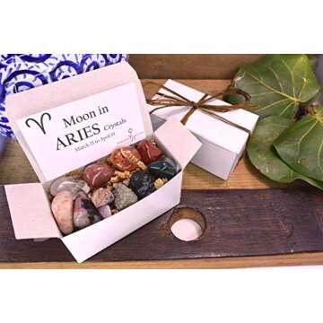 Aries Moon Crystal Set - 11 Stones for Assertiveness and Passion | Healing Gemstones Kit in White Gift Box