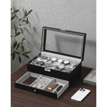 GUKA Watch Box 12 Slot Watch Display Organizer - Jewelry Case with Glass Lid