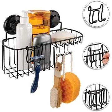 HASKO accessories Shower Caddy Suction Cup - Wall Mounted Bathroom Shelf with Hooks - Suction Shower Basket - Shower Shelf for Bathroom Shower Organizer Suction Cup - Stainless Steel SS304 (Black)