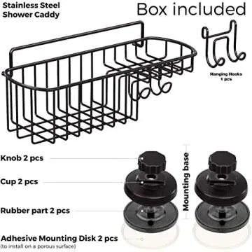 HASKO accessories Shower Caddy Suction Cup - Wall Mounted Bathroom Shelf with Hooks - Suction Shower Basket - Shower Shelf for Bathroom Shower Organizer Suction Cup - Stainless Steel SS304 (Black)
