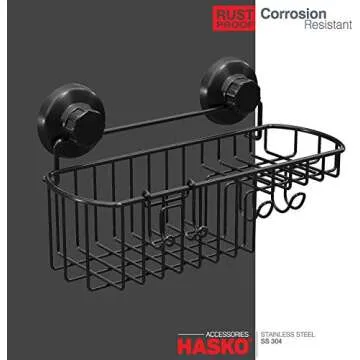 HASKO accessories Shower Caddy Suction Cup - Wall Mounted Bathroom Shelf with Hooks - Suction Shower Basket - Shower Shelf for Bathroom Shower Organizer Suction Cup - Stainless Steel SS304 (Black)