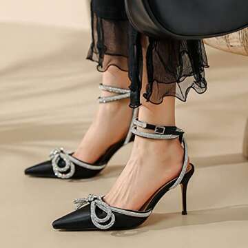 Erocalli Women's Rhinestone Bow Heels Ankle Strap Pumps Satin Pointy Stilettos Backless Kitten Heels Wedding Dress Heeled Sandals