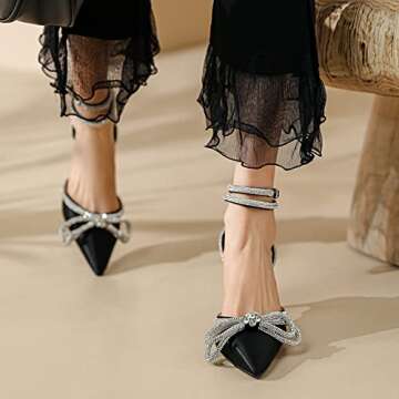 Erocalli Women's Rhinestone Bow Heels Ankle Strap Pumps Satin Pointy Stilettos Backless Kitten Heels Wedding Dress Heeled Sandals