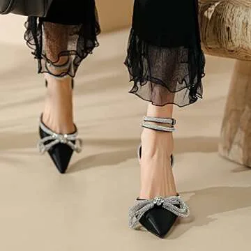 Erocalli Women's Rhinestone Bow Heels Ankle Strap Pumps Satin Pointy Stilettos Backless Kitten Heels Wedding Dress Heeled Sandals