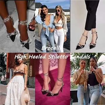 Erocalli Women's Rhinestone Bow Heels Ankle Strap Pumps Satin Pointy Stilettos Backless Kitten Heels Wedding Dress Heeled Sandals