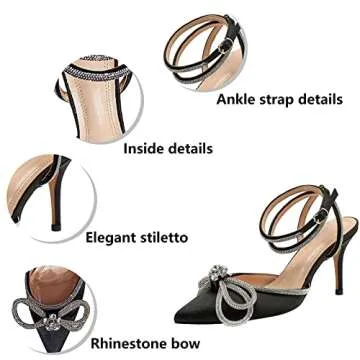 Erocalli Women's Rhinestone Bow Heels Ankle Strap Pumps Satin Pointy Stilettos Backless Kitten Heels Wedding Dress Heeled Sandals