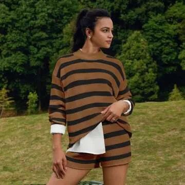 LAMISSCHE Womens Oversized Lounge Sets 2 Piece Outfits Striped Matching Pajama Set Long Sleeve Sweater Set(B&Coffee,S)