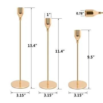 Gails Willing Set of 3 Gold Brass Candle Holders for Taper Candles, Decorative Candlestick Holder for Wedding, Dinning, Party, Fits 3/4 inch Thick Candle&Led Candles (Metal Candle Stand)