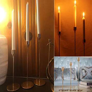 Gails Willing Set of 3 Gold Brass Candle Holders for Taper Candles, Decorative Candlestick Holder for Wedding, Dinning, Party, Fits 3/4 inch Thick Candle&Led Candles (Metal Candle Stand)