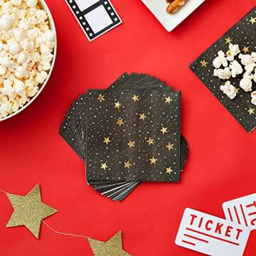 BLUE PANDA 50 Pack Starry Night Cocktail Napkins, Black and Gold Foil for New Years Eve Party Supplies (5 x 5 In)
