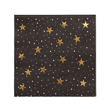 BLUE PANDA 50 Pack Starry Night Cocktail Napkins, Black and Gold Foil for New Years Eve Party Supplies (5 x 5 In)