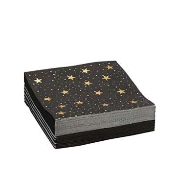 BLUE PANDA 50 Pack Starry Night Cocktail Napkins, Black and Gold Foil for New Years Eve Party Supplies (5 x 5 In)