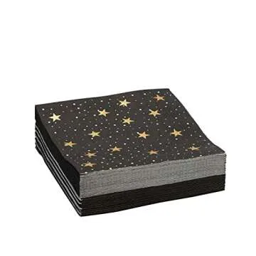 BLUE PANDA 50 Pack Starry Night Cocktail Napkins, Black and Gold Foil for New Years Eve Party Supplies (5 x 5 In)