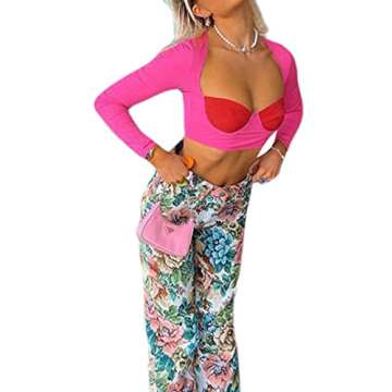 Remidoo Women's Sexy Long Sleeve Sweetheart Neck Patchwork Contrast Crop Top T Shirt Hot Pink Small