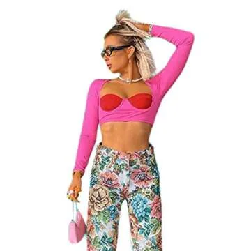 Remidoo Women's Sexy Long Sleeve Sweetheart Neck Patchwork Contrast Crop Top T Shirt Hot Pink Small