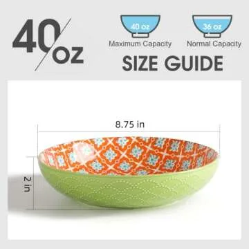Metahom Ceramic Pasta Bowls, 40 Oz Large Salad Bowls, 8.75'' Wide and Shallow Bowls for Kitchen, Serving Bowls and Plates Set, Dishwasher & Microwave Safe, Set of 4