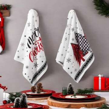 KMCCUMBER Christmas Kitchen Towels Set of 2, Red Xmas Tree Merry Christmas Hand Towels Dish Towels, 18x26 Inch Christmas Holiday Kitchen Bathroom Decor