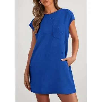 PRETTYGARDEN Women's Summer Short T Shirt Dress Cap Sleeve Crew Neck Casual Loose Basic Mini Dresses (Blue,Medium)