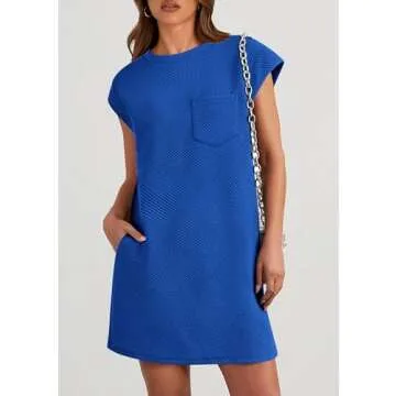 PRETTYGARDEN Women's Summer Short T Shirt Dress Cap Sleeve Crew Neck Casual Loose Basic Mini Dresses (Blue,Medium)