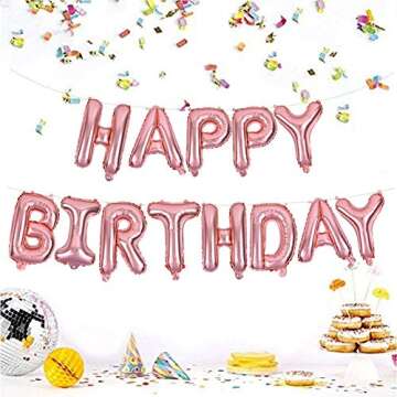 TONIFUL Rose Gold Happy Birthday Balloons Banner, 16 Inch Mylar Foil Letters Birthday Sign Banner Ballon Bunting Reusable for Girls Boys Kids & Adults Birthday Decorations and Party Supplies