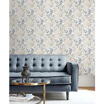 NextWall Magnolia Trail Floral Peel and Stick Wallpaper (Linen & French Blue)