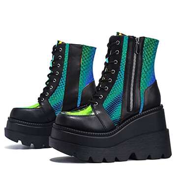 RQWEIN Womens Chunky Platform High Hidden Wedge Fashion Sneaker Wedge Lace Up Chelsea Punk Patent An...