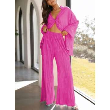 ARTFREE Womens Loungewear Set 2 Pieces Casual Pleated Outfits Sweatsuits Long Sleeve Button Down Shirt and Palazzo Pants