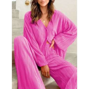 ARTFREE Womens Loungewear Set 2 Pieces Casual Pleated Outfits Sweatsuits Long Sleeve Button Down Shirt and Palazzo Pants