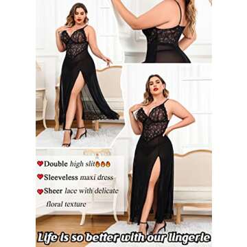 Avidlove Plus Size Babydoll Lingerie Black Lace Lingerie Dress Long Nightgowns Sheer Nighty Chemise