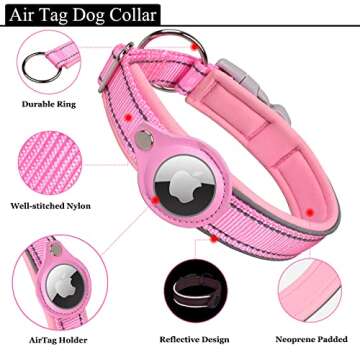 IVIENX AirTag Dog Collar, [Pink - Size M] Reflective Apple Airtag Dog Collar, Thick Air Tag Dog Collar, Integrated AirTag Dog Collar Holder for Small Medium Large Dogs
