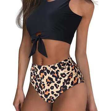 SUUKSESS Women Sexy Halter Tankini Bathing Suits Slimming Tummy Control High Waisted Swimsuits 2 Piece (35 Black Leopard, S)