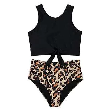 SUUKSESS Women Sexy Halter Tankini Bathing Suits Slimming Tummy Control High Waisted Swimsuits 2 Piece (35 Black Leopard, S)